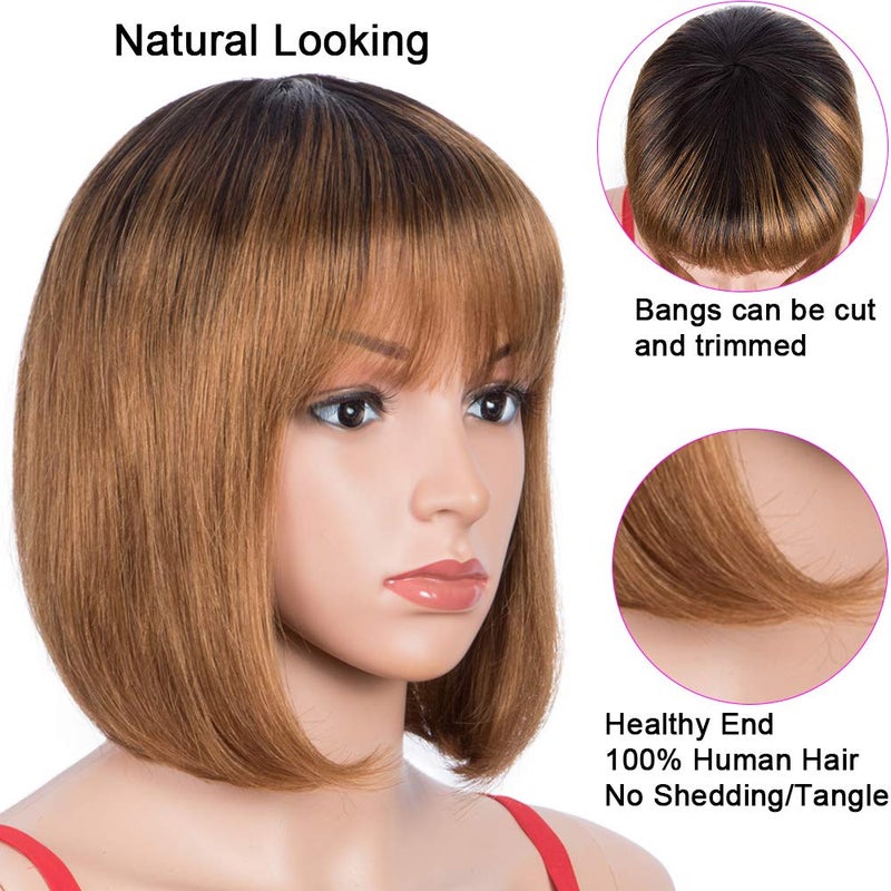 Spotlight 8 Inch Straight Bob Wig with Bangs Human Hair 180% Density Short Bob Human Hair Wigs with Bangs None Lace Front Wigs Brazilian Straight Hair Wig for Black Women (Ombre Brown, TT1B/30 Color) - Image 2